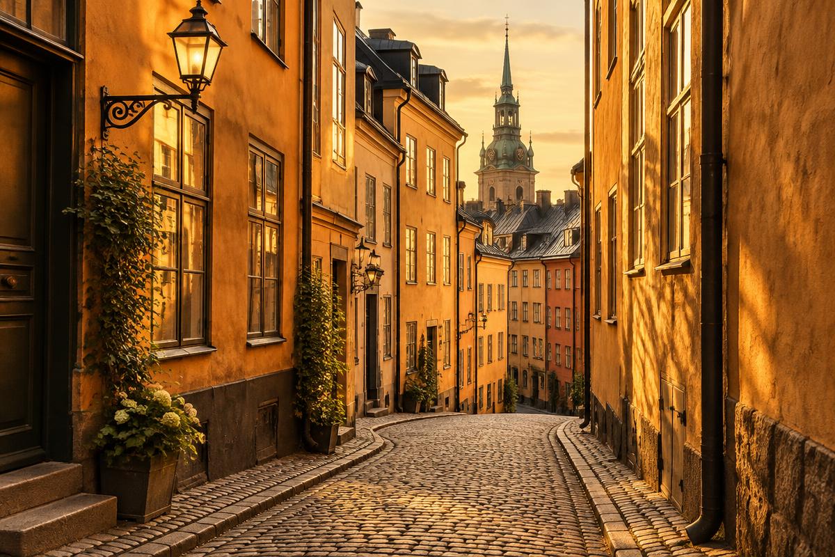 Kullerstensgränd i Gamla stan, Stockholm, i varmt gyllene ljus